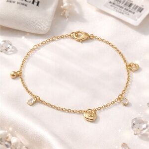 Coach Gold Charm Bracelet NWY Heart Crystal Logo Dainty Chain Adjustable